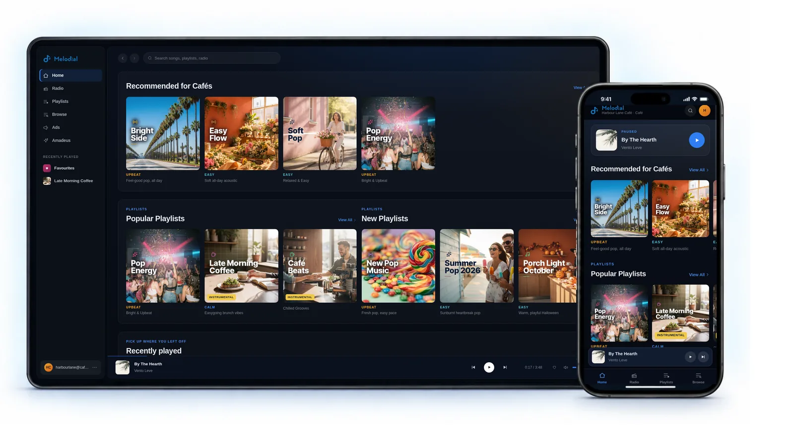 The Melodial player on a tablet and a phone: playlists recommended for cafés, popular and new playlists, and the song now playing