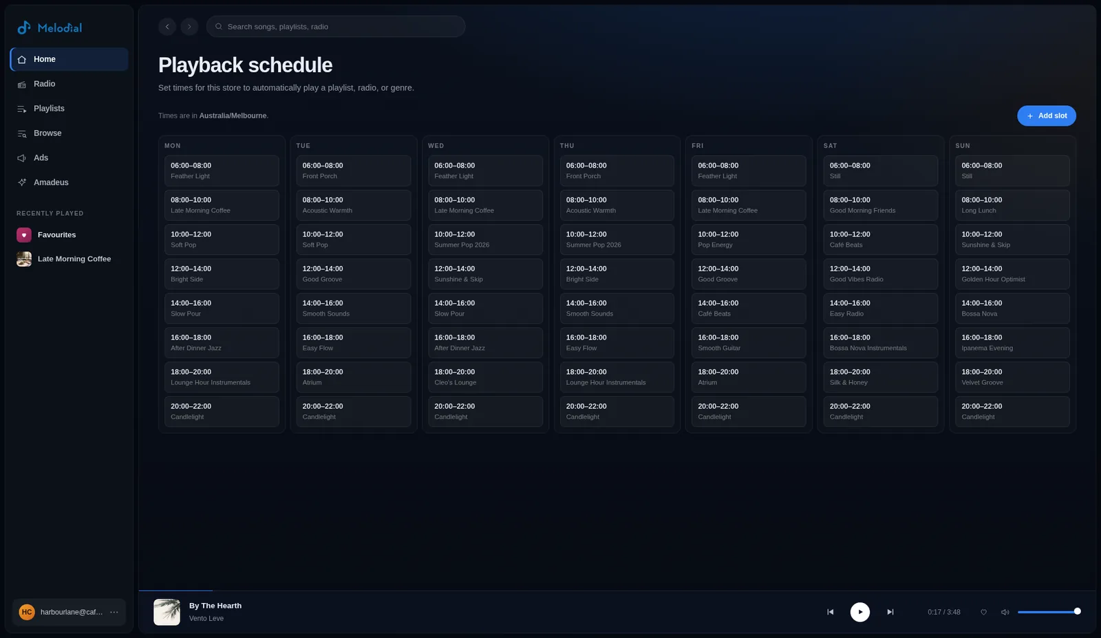 The weekly playback schedule in Melodial: a playlist for each part of the day, set for every day of the week