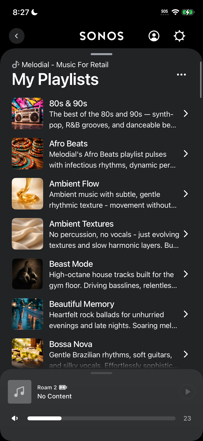 Sonos app showing the Melodial My Playlists screen ready to play