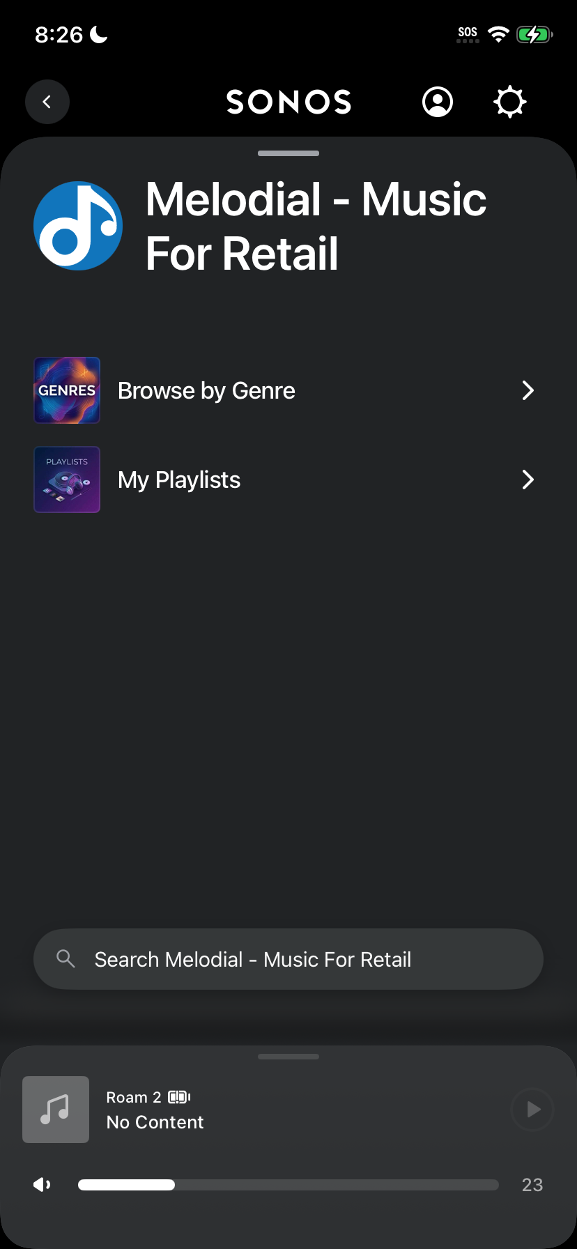 Sonos app showing the Melodial browsing screen with Genre and My Playlists options