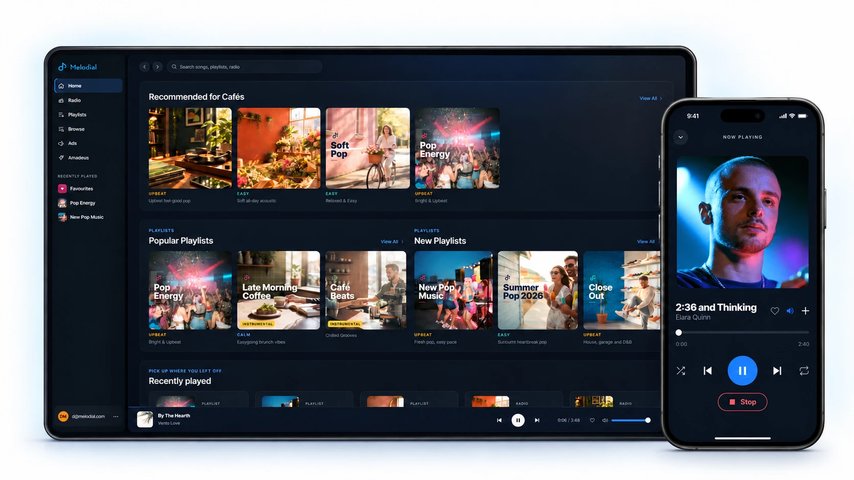 The Melodial player on a tablet and a phone: playlists recommended for cafés, popular and new playlists, and the song now playing