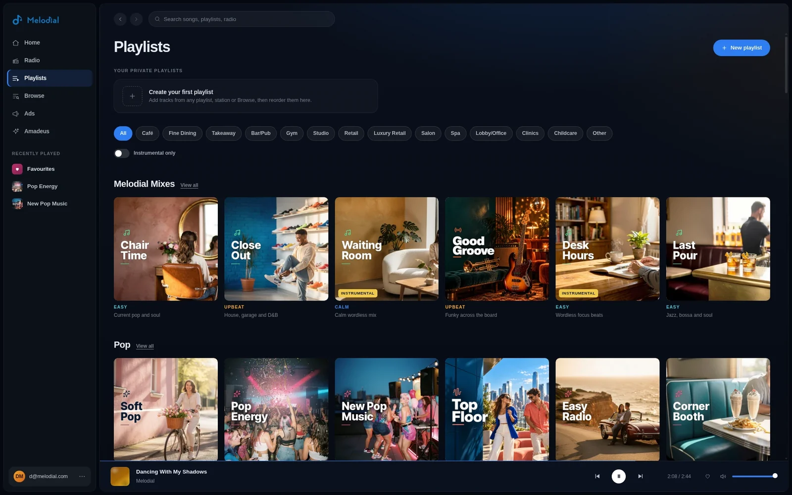 Browse expert-made playlists by industry in the Melodial player