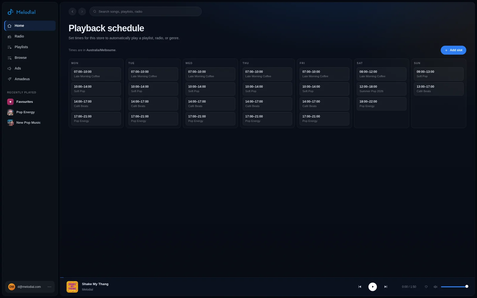 The weekly playback schedule in Melodial: a playlist for each part of the day, set for every day of the week