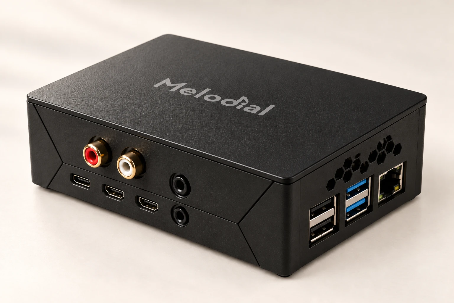 The Melodial player: a small black unit with the Melodial logo on top