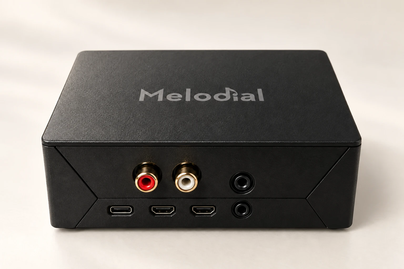 The back of the Melodial player: the red and white audio sockets, the power socket and the network port