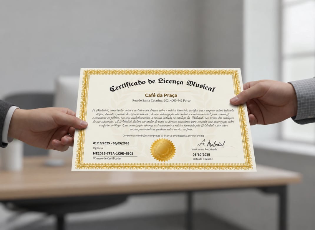 Um Certificado de Licença Musical da Melodial a ser entregue